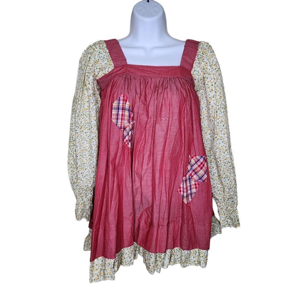 Vintage 70s Peasant Blouse Womens Size M Red Ivory Smock Front Patches
